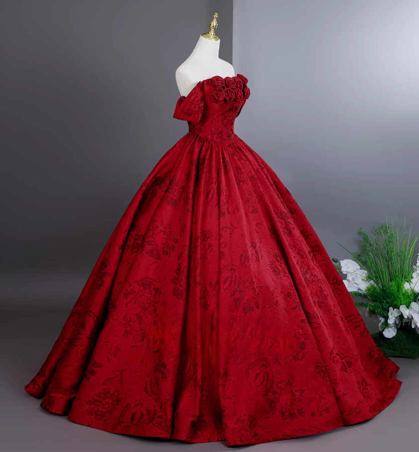 Vintage Red Retro Floral Print A-Line Quinceanera Off-the-shoulder Evening Dress Long Ball Gown DP6976