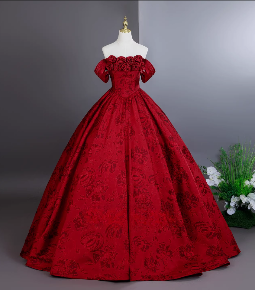 Vintage Red Retro Floral Print A-Line Quinceanera Off-the-shoulder Evening Dress Long Ball Gown DP6976