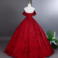 Vintage Red Retro Floral Print A-Line Quinceanera Off-the-shoulder Evening Dress Long Ball Gown DP6976