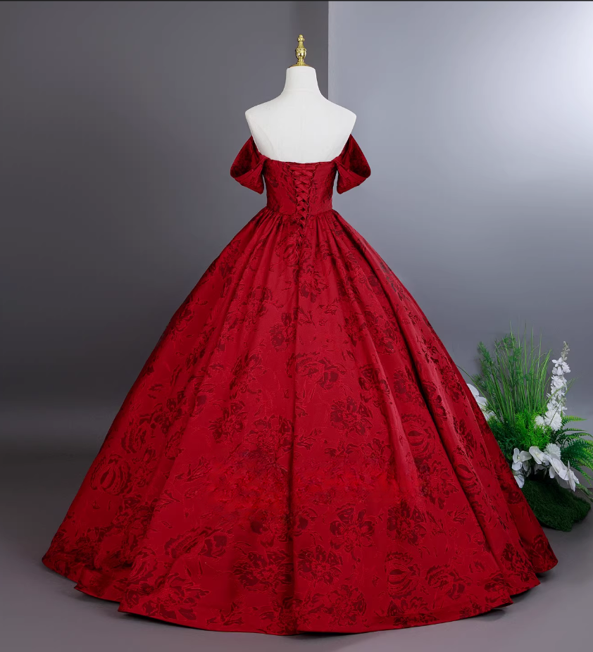 Vintage Red Retro Floral Print A-Line Quinceanera Off-the-shoulder Evening Dress Long Ball Gown DP6976