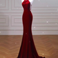Vintage Burgundy Satin Prom Dress Mermaid Halter-Neck Evening Gown Party Dress Formal Dress DP6977
