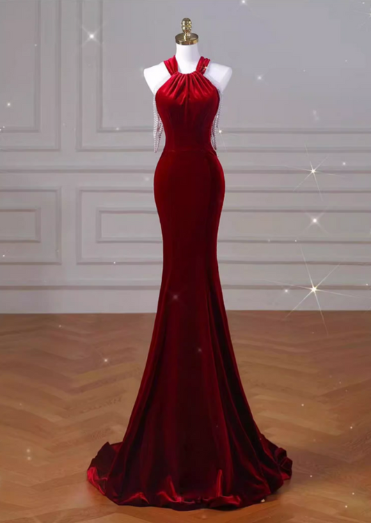 Vintage Burgundy Satin Prom Dress Mermaid Halter-Neck Evening Gown Party Dress Formal Dress DP6977