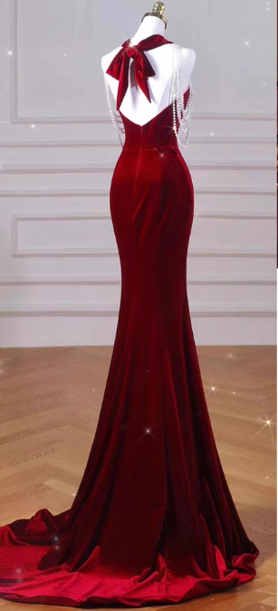 Vintage Burgundy Satin Prom Dress Mermaid Halter-Neck Evening Gown Party Dress Formal Dress DP6977