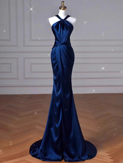 Vintage Royal Blue Satin Prom Dress Mermaid Evening Gown Party Dress Formal Dress DP6978