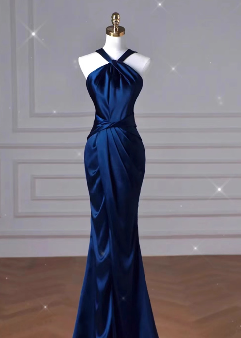 Vintage Royal Blue Satin Prom Dress Mermaid Evening Gown Party Dress Formal Dress DP6978