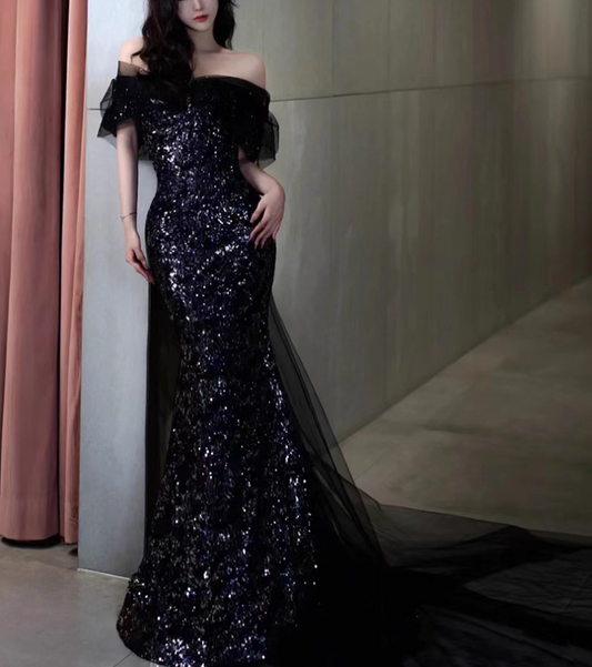Vintage Black Sequin Prom Dress Mermaid Evening Gown Off-the-shoulder Party Dress Formal Dress DP6979