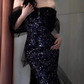 Vintage Black Sequin Prom Dress Mermaid Evening Gown Off-the-shoulder Party Dress Formal Dress DP6979