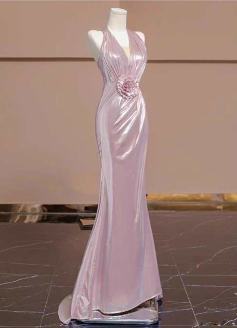 Vintage Pink Satin Prom Dress Mermaid V-Neck Evening Gown 3D Flowers Party Dress Formal Dress DP6981