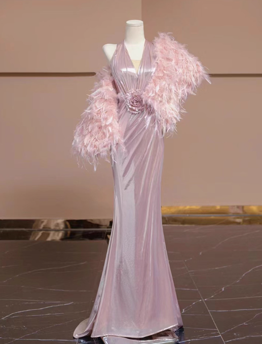 Vintage Pink Satin Prom Dress Mermaid V-Neck Evening Gown 3D Flowers Party Dress Formal Dress DP6981