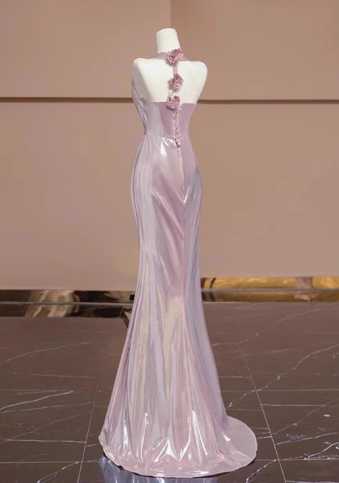 Vintage Pink Satin Prom Dress Mermaid V-Neck Evening Gown 3D Flowers Party Dress Formal Dress DP6981