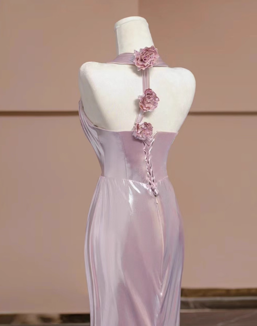 Vintage Pink Satin Prom Dress Mermaid V-Neck Evening Gown 3D Flowers Party Dress Formal Dress DP6981