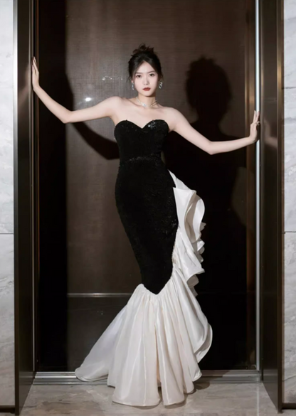 Robe de bal sirène vintage, robe de soirée à col en cœur, robe de fête sans bretelles, robe de cérémonie DP6983