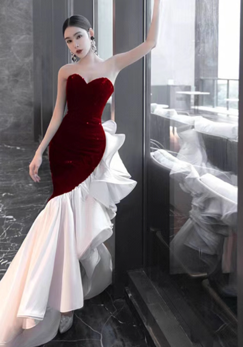 Robe de bal sirène vintage, robe de soirée à col en cœur, robe de fête sans bretelles, robe de cérémonie DP6983