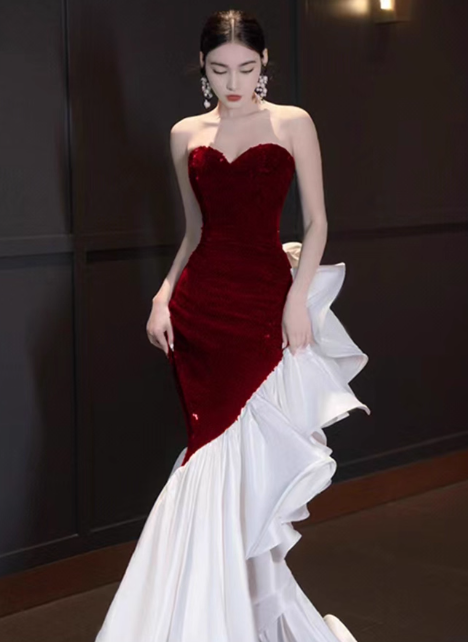 Robe de bal sirène vintage, robe de soirée à col en cœur, robe de fête sans bretelles, robe de cérémonie DP6983