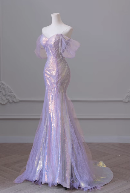Robe de bal sirène lilas vintage, robe de soirée trapèze, robe de fête sans bretelles, robe formelle en tulle scintillant DP6984