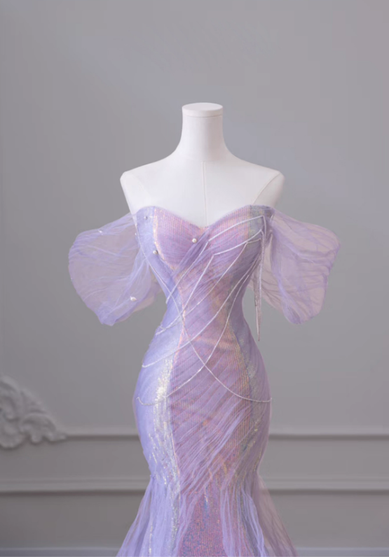 Robe de bal sirène lilas vintage, robe de soirée trapèze, robe de fête sans bretelles, robe formelle en tulle scintillant DP6984
