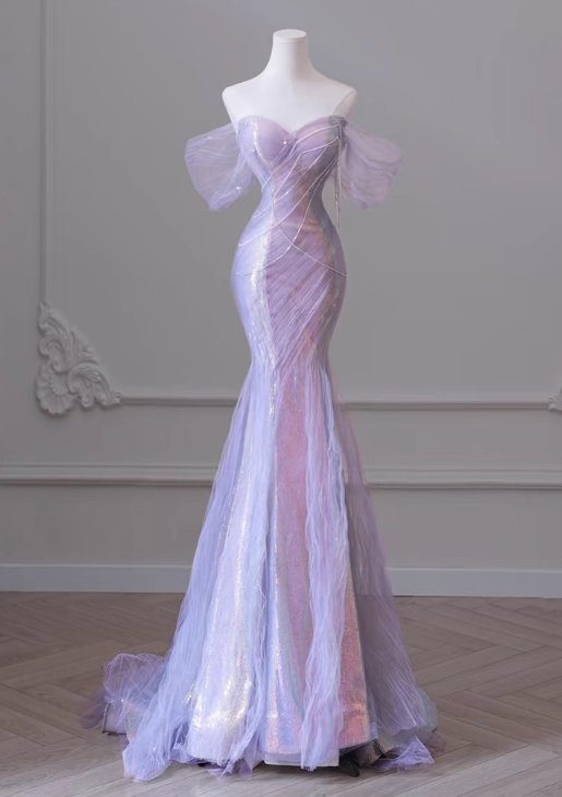 Robe de bal sirène lilas vintage, robe de soirée trapèze, robe de fête sans bretelles, robe formelle en tulle scintillant DP6984