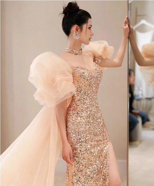 Vintage Champagne Sheath Prom Dress Glittering Sequin Evening Gown Strapless Sweetheart Party Dress Slit Long Formal Dress DP6985