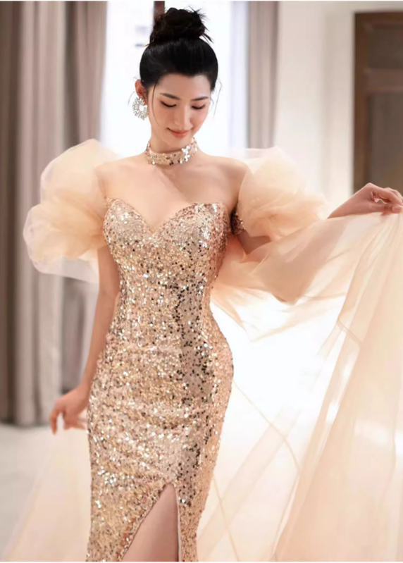 Vintage Champagne Sheath Prom Dress Glittering Sequin Evening Gown Strapless Sweetheart Party Dress Slit Long Formal Dress DP6985