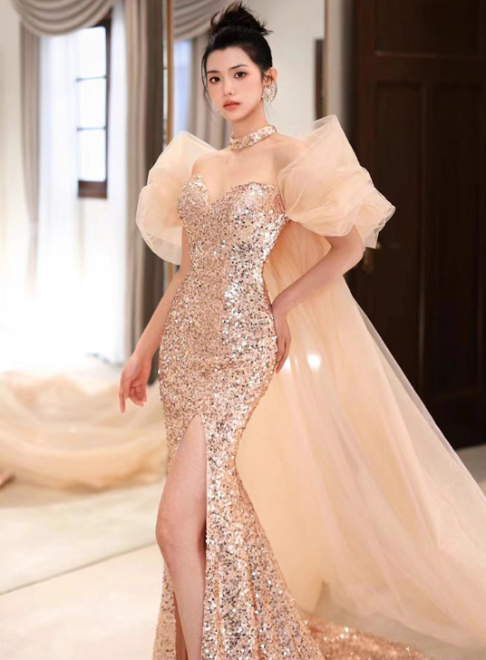 Vintage Champagne Sheath Prom Dress Glittering Sequin Evening Gown Strapless Sweetheart Party Dress Slit Long Formal Dress DP6985