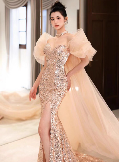Vintage Champagne Sheath Prom Dress Glittering Sequin Evening Gown Strapless Sweetheart Party Dress Slit Long Formal Dress DP6985