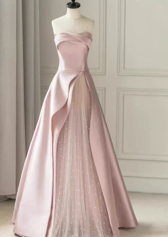 Vintage Pink Satin Prom Dress A-Line Evening Gown Strapless Sweetheart Party Dress Long Formal Dress DP6986