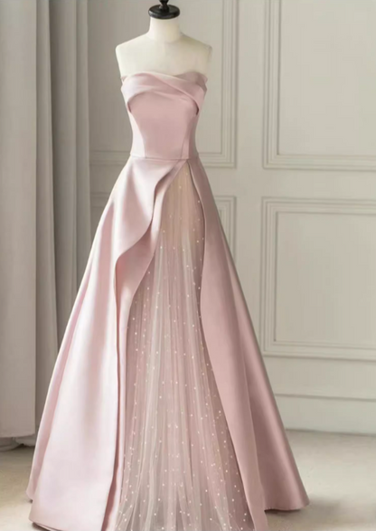 Vintage Pink Satin Prom Dress A-Line Evening Gown Strapless Sweetheart Party Dress Long Formal Dress DP6986