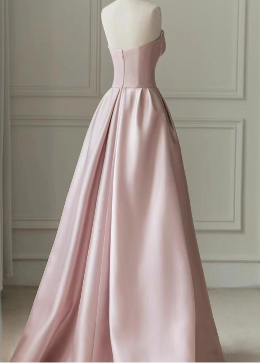 Vintage Pink Satin Prom Dress A-Line Evening Gown Strapless Sweetheart Party Dress Long Formal Dress DP6986