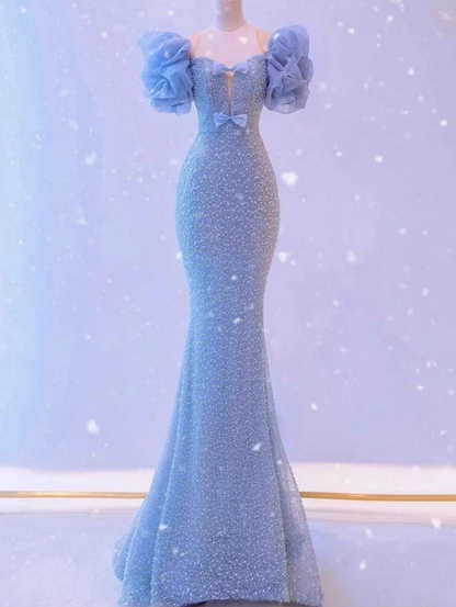 Vintage Sky Blue Mermaid Prom Dress Sequin Evening Gown Puffy Sleeves Party Dress Long Formal Dress DP6987