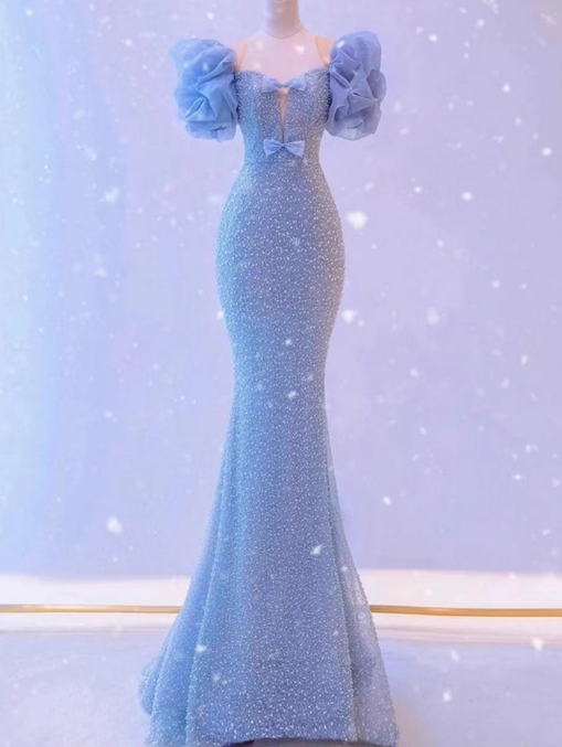 Vintage Sky Blue Mermaid Prom Dress Sequin Evening Gown Puffy Sleeves Party Dress Long Formal Dress DP6987