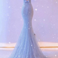Vintage Sky Blue Mermaid Prom Dress Sequin Evening Gown Puffy Sleeves Party Dress Long Formal Dress DP6987