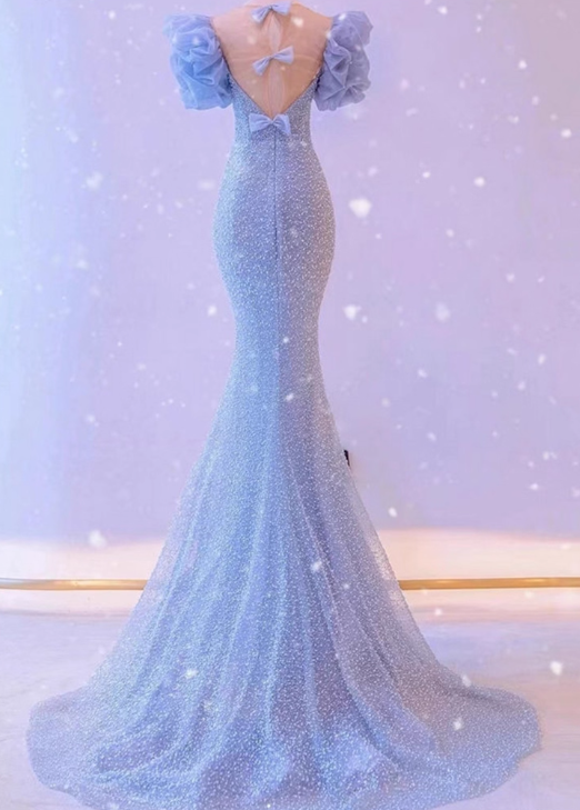 Vintage Sky Blue Mermaid Prom Dress Sequin Evening Gown Puffy Sleeves Party Dress Long Formal Dress DP6987