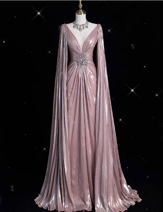 Vintage Pink Satin Prom Dress A-Line Beaded Evening Gown V-Neck Party Dress Long Formal Dress DP6988