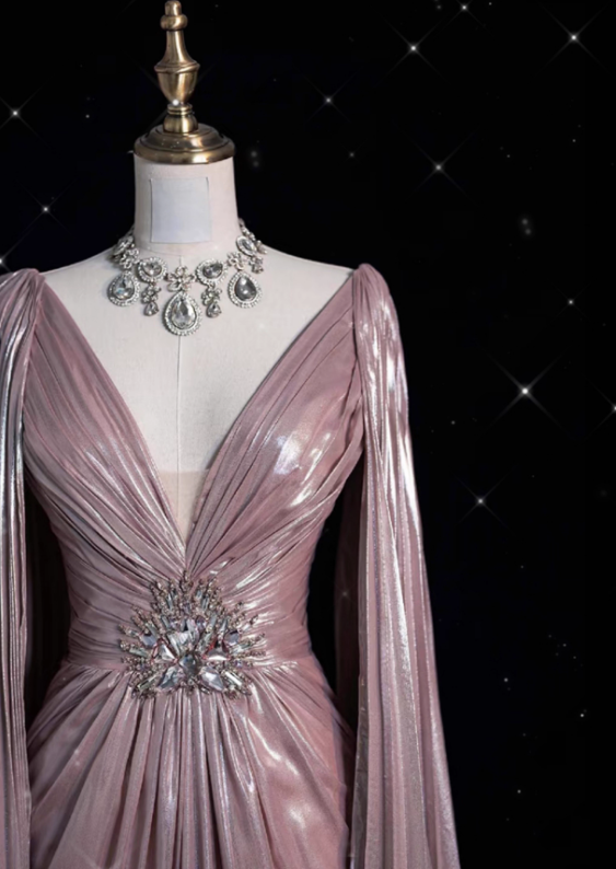 Vintage Pink Satin Prom Dress A-Line Beaded Evening Gown V-Neck Party Dress Long Formal Dress DP6988