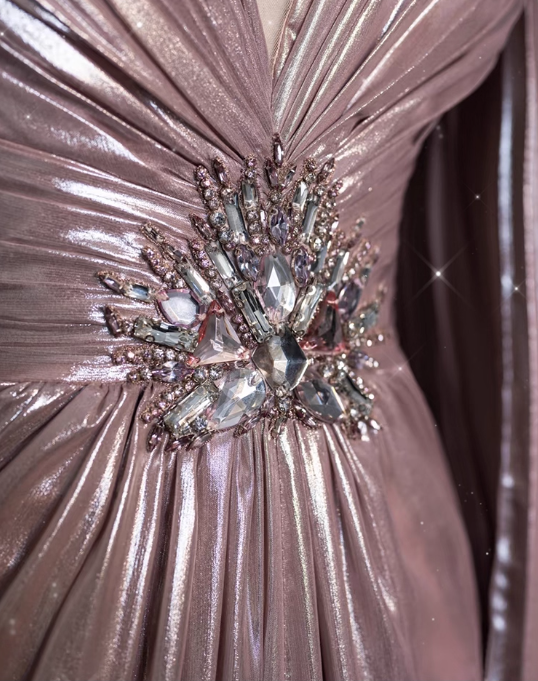 Vintage Pink Satin Prom Dress A-Line Beaded Evening Gown V-Neck Party Dress Long Formal Dress DP6988