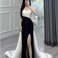 Vintage Satin Prom Dress Sheath Sequin Bow Evening Gown Strapless Party Dress Slit Long Formal Dress DP6989