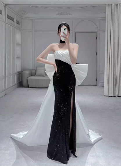 Vintage Satin Prom Dress Sheath Sequin Bow Evening Gown Strapless Party Dress Slit Long Formal Dress DP6989