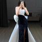 Vintage Satin Prom Dress Sheath Sequin Bow Evening Gown Strapless Party Dress Slit Long Formal Dress DP6989