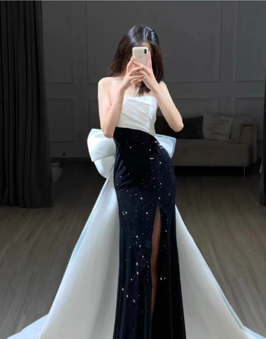 Vintage Satin Prom Dress Sheath Sequin Bow Evening Gown Strapless Party Dress Slit Long Formal Dress DP6989