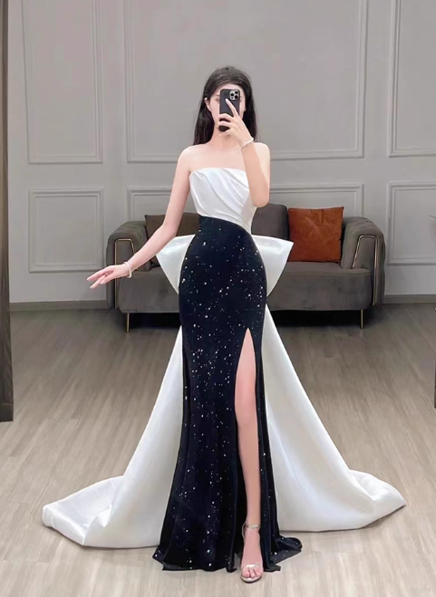 Vintage Satin Prom Dress Sheath Sequin Bow Evening Gown Strapless Party Dress Slit Long Formal Dress DP6989