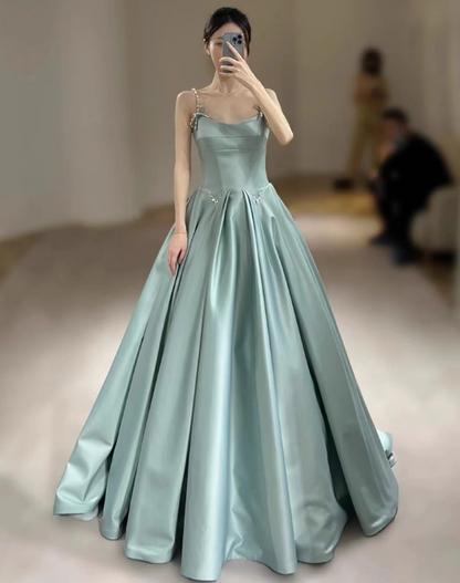 Vintage Mint Blue Satin Prom A-Line Evening Gown Spaghetti Strap Party Dress Long Formal Dress DP6990