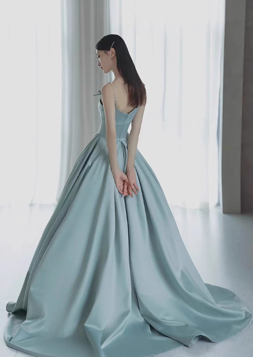 Vintage Mint Blue Satin Prom A-Line Evening Gown Spaghetti Strap Party Dress Long Formal Dress DP6990