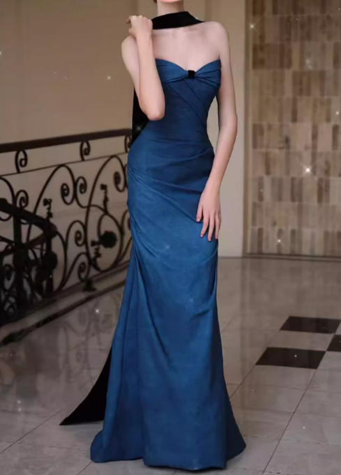 Vintage Navy Blue Sheath Prom Sweetheart Evening Gown Strapless Party Dress Long Formal Dress DP6992