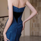 Vintage Navy Blue Sheath Prom Sweetheart Evening Gown Strapless Party Dress Long Formal Dress DP6992
