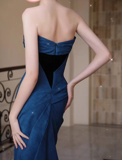 Vintage Navy Blue Sheath Prom Sweetheart Evening Gown Strapless Party Dress Long Formal Dress DP6992