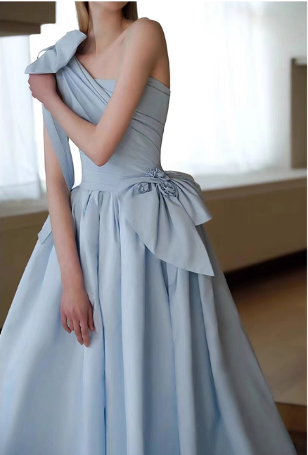 Vintage Sky Blue A-Line Prom Evening Gown One-shoulder Party Dress Long Formal Dress DP6994