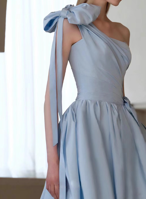 Vintage Sky Blue A-Line Prom Evening Gown One-shoulder Party Dress Long Formal Dress DP6994