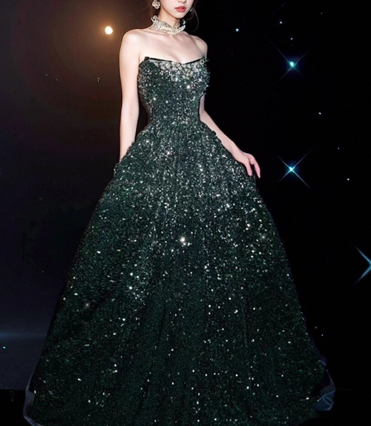 Elegant Dark Green A-Line Ball Gown Beaded Strapless Party Dress Long Formal Dress DP6997