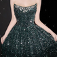 Elegant Dark Green A-Line Ball Gown Beaded Strapless Party Dress Long Formal Dress DP6997