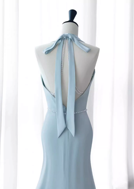 Elegant Sky Blue Mermaid Prom Dress Halter-Neck Party Dress Long Formal Dress DP6998